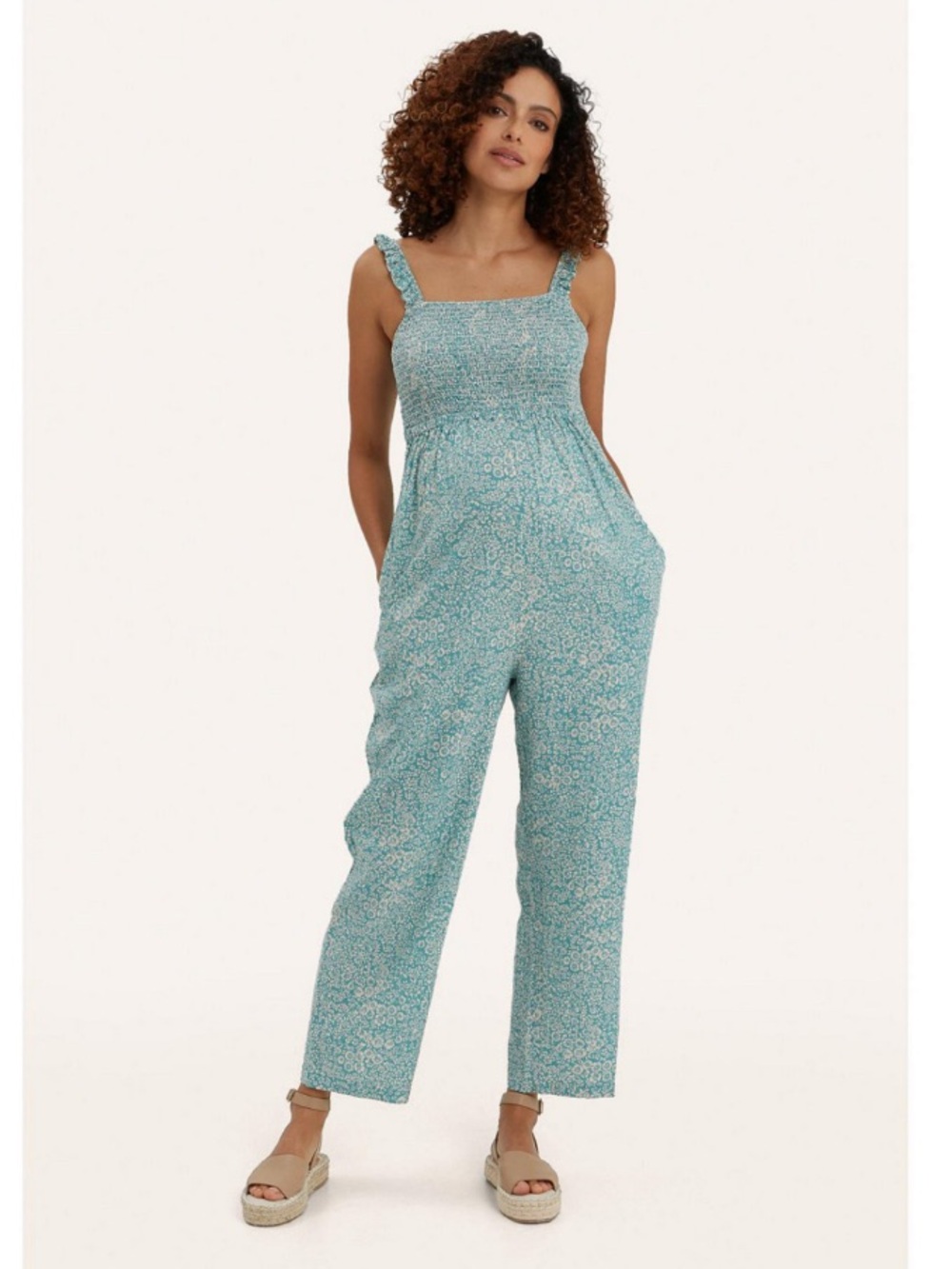 NWT Maternity Smocked Square-Neck Jumpsuit in Teal Floral